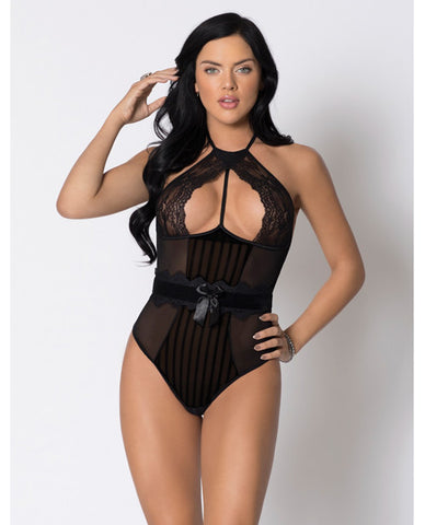 Halter Striped Mesh & Lace Teddy W/underwire Lace, Velvet Waistband & Lace Trim Black