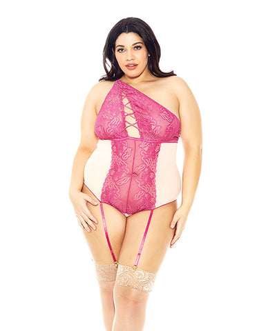 Asymmetrical Lace Teddy W/garters Magenta