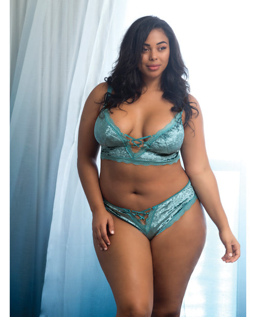 Amalie Crushed Velvet Bralette & Panty W/lace Up Detail Dusty Turquoise