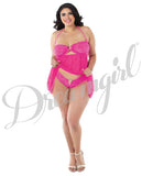 Stretch Lace & Mesh Babydoll W-lace Cup, Adjustble Halter Ties & Crotch Thong Hot Pink Qn