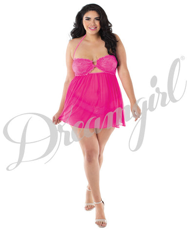 Stretch Lace & Mesh Babydoll W-lace Cup, Adjustble Halter Ties & Crotch Thong Hot Pink Qn