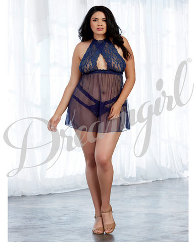 Sheer Mesh & Lace Halter Babydoll W-panty Midnight Qn