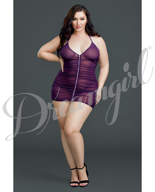 Ruched Sheer Front Zipper Chemise W-g-string Plum Qn