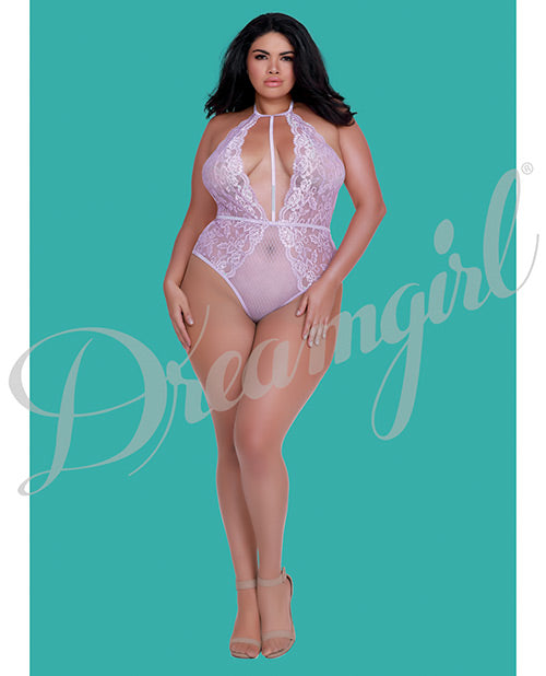 Simply Sexy Stretch Lace & Patterned Mesh Collared Teddy Lilac Qn