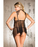 Eyelash Lace Babydoll W/high Collar & Net Skirt & G-string Black