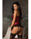 Holiday Satin Corset W-underwired Cups, Lace Up Back, Adj Strps & Grtrs & G-string Red-black 32