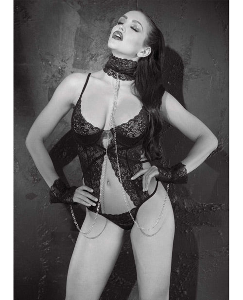 Stretch Lace Thong Teddy W/underwire Cups, Collar & Cuffs Black