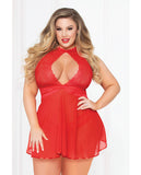 Lace Mesh Babydoll W/strappy Waist & Panty W/criss Cross Waistband