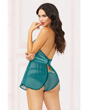 Lace Mesh Babydoll W/strappy Waist & Panty W/criss Cross Waistband