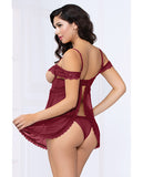 Lace & Mesh Open Cups Babydoll W/fly Away Back & Panty Wine