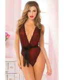 Floral Galloon Lace & Mesh Teddy W-ajustable Straps W-snap Crotch & Remov Sash Red O-s