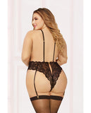 Galloon Lace Teddy W-adjustable Straps, Removable Garters, Snap Crotch & Thigh Highs Black Qn