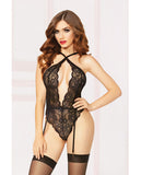 Galloon Lace Teddy W-adjustable Straps, Removable Garters, Snap Crotch & Thigh Highs Black O-s