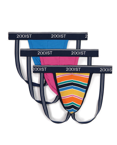 2xist 3 Pk Stretch Fashion Jock Strap Bright Stripe, Very Berry & Blue Aster