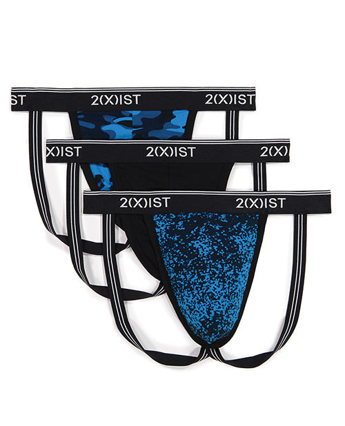 2xist 3 Pk Stretch Fashion Jock Strap Blue Dot, Black & Blue Camo